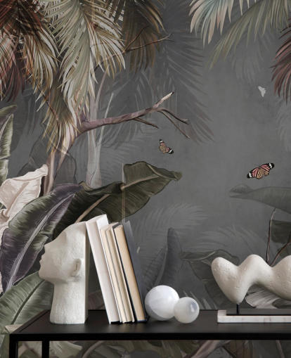 gray tropical wallpaper mural called Tropical Forest and Butterflies Gray at Wallsauce for bedrooms and living rooms