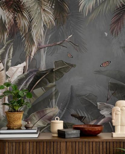 gray tropical wallpaper mural called Tropical Forest and Butterflies Gray at Wallsauce for bedrooms and living rooms