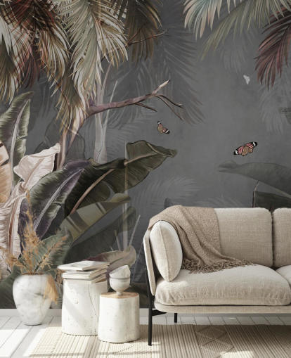 grey tropical wallpaper mural called Tropical Forest and Butterflies Grey at Wallsauce for bedrooms and living rooms