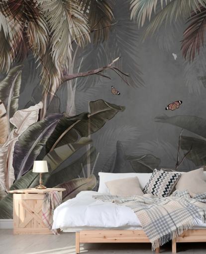 grå tropisk tapetväggmålning kallad Tropical Forest and Butterflies Grey på Wallsauce för sovrum och vardagsrum grå tropisk tapetväggmålning kallad Tropical Forest and Butterflies Grey på Wallsauce för sovrum och vardagsrum
