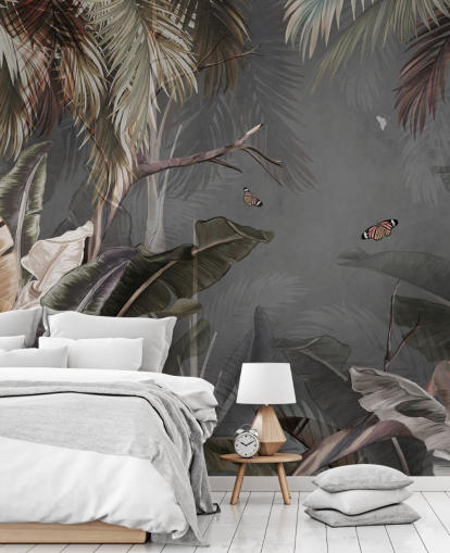 papier peint mural tropical gris appelé Tropical Forest and Butterflies Grey chez Wallsauce pour les chambres et les salons