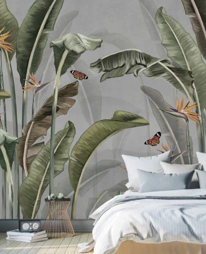 grey and green jungle wallpaper called Palm Trees and Butterflies Grey at Wallsauce