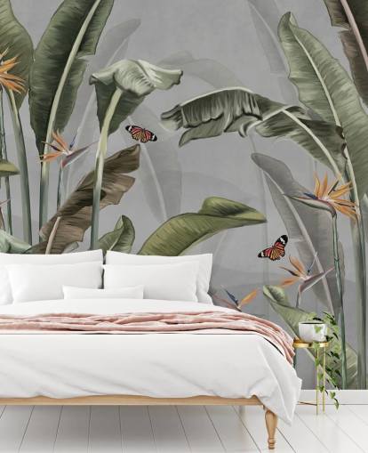 gray and green jungle wallpaper called Palm Trees and Butterflies Gray at Wallsauce