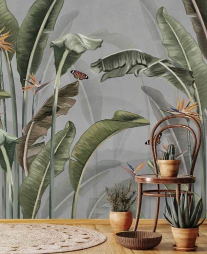 grå og grøn jungle tapet kaldet Palm Trees and Butterflies Grey på Wallsauce