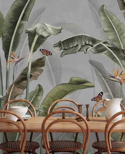 grå og grøn jungle tapet kaldet Palm Trees and Butterflies Grey på Wallsauce grå og grøn jungle tapet kaldet Palm Trees and Butterflies Grey på Wallsauce