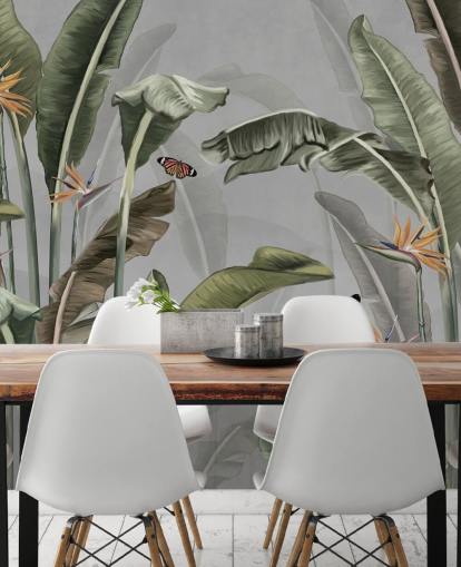graue und grüne Dschungeltapete namens Palm Trees and Butterflies Grey in Wallsauce graue und grüne Dschungeltapete namens Palm Trees and Butterflies Grey in Wallsauce
