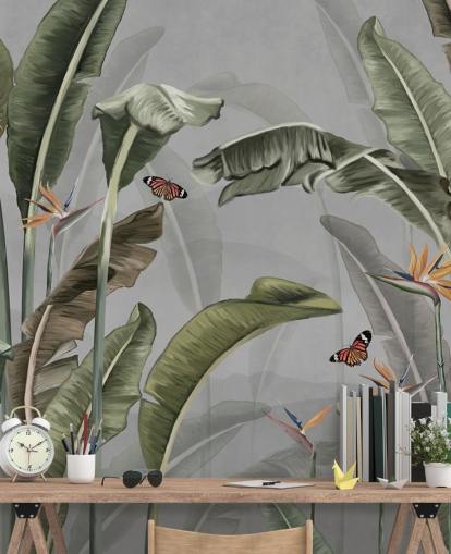 graue und grüne Dschungeltapete namens Palm Trees and Butterflies Grey in Wallsauce graue und grüne Dschungeltapete namens Palm Trees and Butterflies Grey in Wallsauce