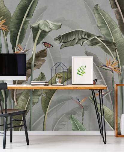 carta da parati grigia e verde della giungla chiamata Palm Trees and Butterflies Grey at Wallsauce