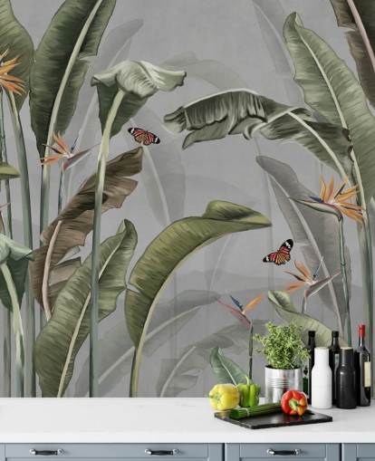 grijs en groen junglebehang genaamd Palm Trees and Butterflies Grey bij Wallsauce grijs en groen junglebehang genaamd Palm Trees and Butterflies Grey bij Wallsauce