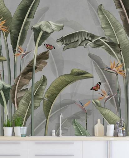 grey and green jungle wallpaper called Palm Trees and Butterflies Grey at Wallsauce