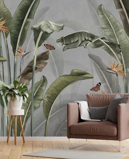 carta da parati grigia e verde della giungla chiamata Palm Trees and Butterflies Grey at Wallsauce