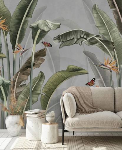 papier peint gris et vert de la jungle appelé Palm Trees and Butterflies Grey chez Wallsauce papier peint gris et vert de la jungle appelé Palm Trees and Butterflies Grey chez Wallsauce