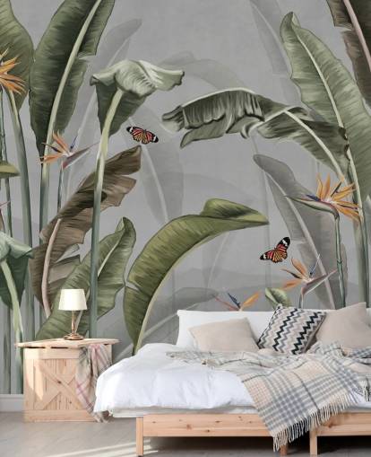 grå og grøn jungle tapet kaldet Palm Trees and Butterflies Grey på Wallsauce