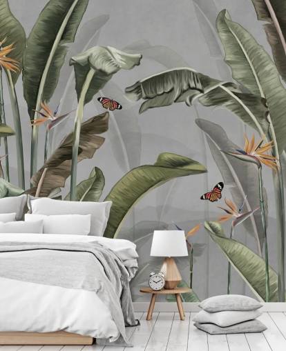 grey and green jungle wallpaper called Palm Trees and Butterflies Grey at Wallsauce