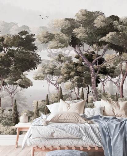 grey forest wallpaper mural called Vintage Forest Landscape Grey at Wallsauce for bedrooms, kitchens and offices