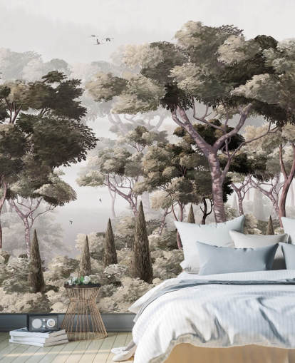 grijze bosbehangmuurschildering genaamd Vintage Forest Landscape Grey at Wallsauce voor slaapkamers, keukens en kantoren