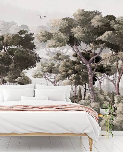 grå skog tapetväggmålning som heter Vintage Forest Landscape Grey på Wallsauce för sovrum, kök och kontor