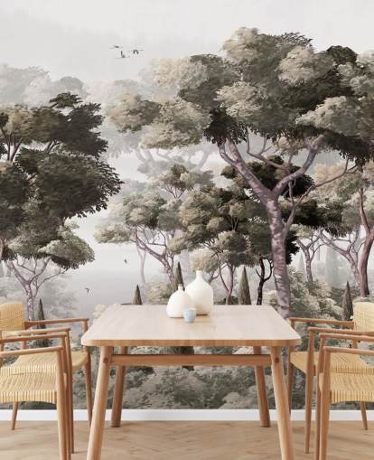 mural de papel pintado de bosque gris llamado Vintage Forest Landscape Grey en Wallsauce para dormitorios, cocinas y oficinas