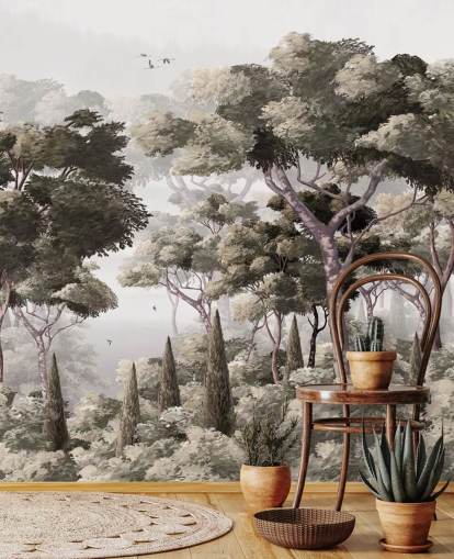 grey forest wallpaper mural called Vintage Forest Landscape Grey at Wallsauce for bedrooms, kitchens and offices