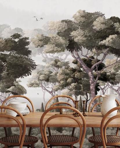 grå skog tapetväggmålning som heter Vintage Forest Landscape Grey på Wallsauce för sovrum, kök och kontor