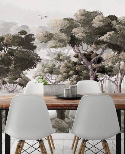 gray forest wallpaper mural called Vintage Forest Landscape Gray at Wallsauce for bedrooms, kitchens and offices