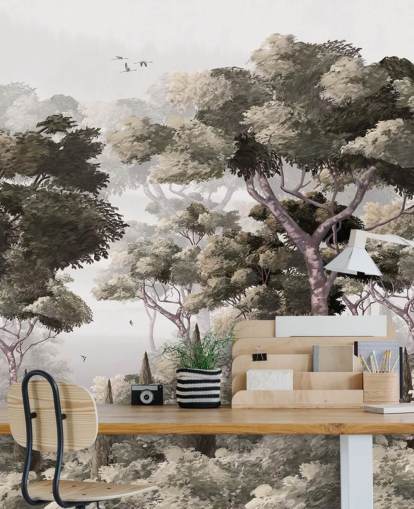grijze bosbehangmuurschildering genaamd Vintage Forest Landscape Grey at Wallsauce voor slaapkamers, keukens en kantoren grijze bosbehangmuurschildering genaamd Vintage Forest Landscape Grey at Wallsauce voor slaapkamers, keukens en kantoren