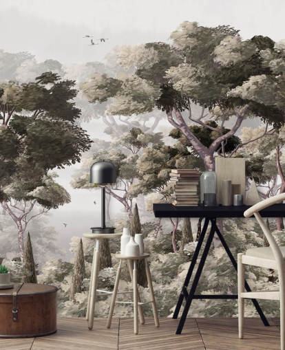 grå skog tapetväggmålning som heter Vintage Forest Landscape Grey på Wallsauce för sovrum, kök och kontor