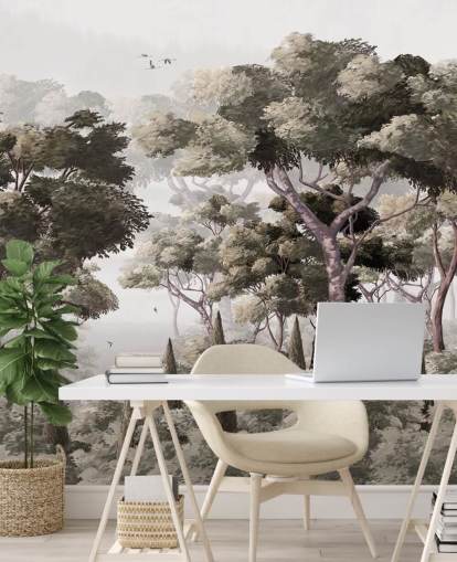 grey forest wallpaper mural called Vintage Forest Landscape Grey at Wallsauce for bedrooms, kitchens and offices