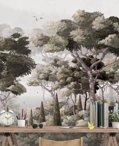 carta da parati murale con foresta grigia chiamata Vintage Forest Landscape Grey at Wallsauce per camere da letto, cucine e uffici