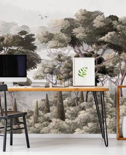 Graues Waldtapeten-Wandbild namens Vintage Forest Landscape Grey in Wallsauce für Schlafzimmer, Küchen und Büros