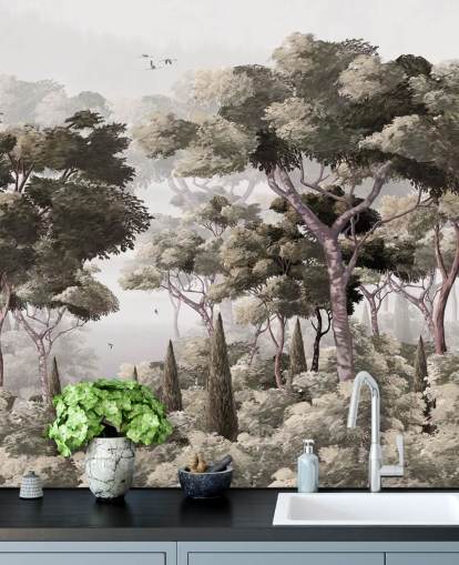grå skog tapet veggmaleri kalt Vintage Forest Landscape Grey på Wallsauce for soverom, kjøkken og kontorer