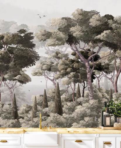 papier peint mural de la forêt grise appelé Vintage Forest Landscape Grey chez Wallsauce pour les chambres, les cuisines et les bureaux