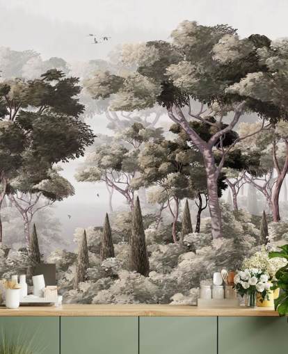 grå skog tapetväggmålning som heter Vintage Forest Landscape Grey på Wallsauce för sovrum, kök och kontor grå skog tapetväggmålning som heter Vintage Forest Landscape Grey på Wallsauce för sovrum, kök och kontor