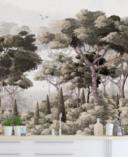 Graues Waldtapeten-Wandbild namens Vintage Forest Landscape Grey in Wallsauce für Schlafzimmer, Küchen und Büros