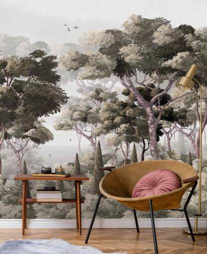 papier peint mural de la forêt grise appelé Vintage Forest Landscape Grey chez Wallsauce pour les chambres, les cuisines et les bureaux papier peint mural de la forêt grise appelé Vintage Forest Landscape Grey chez Wallsauce pour les chambres, les cuisines et les bureaux