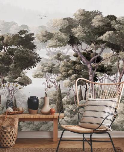 grey forest wallpaper mural called Vintage Forest Landscape Grey at Wallsauce for bedrooms, kitchens and offices