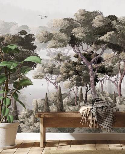 grå skog tapetväggmålning som heter Vintage Forest Landscape Grey på Wallsauce för sovrum, kök och kontor
