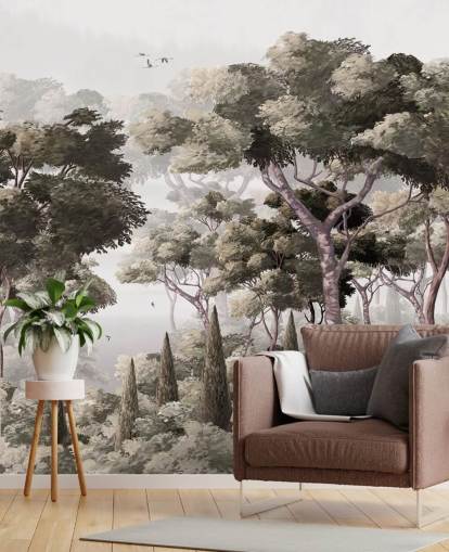 papier peint mural de la forêt grise appelé Vintage Forest Landscape Grey chez Wallsauce pour les chambres, les cuisines et les bureaux