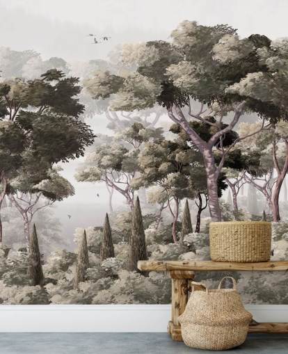 carta da parati murale con foresta grigia chiamata Vintage Forest Landscape Grey at Wallsauce per camere da letto, cucine e uffici
