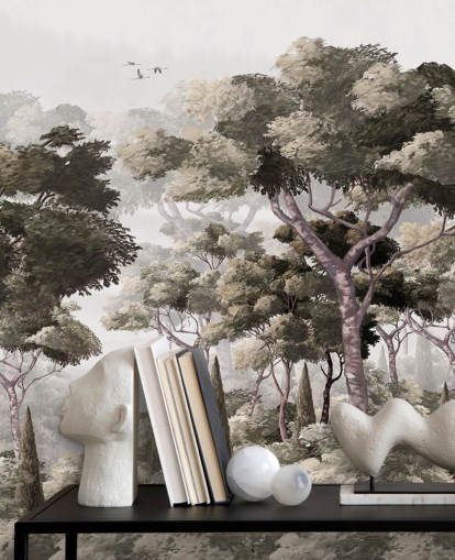 gray forest wallpaper mural called Vintage Forest Landscape Gray at Wallsauce for bedrooms, kitchens and offices