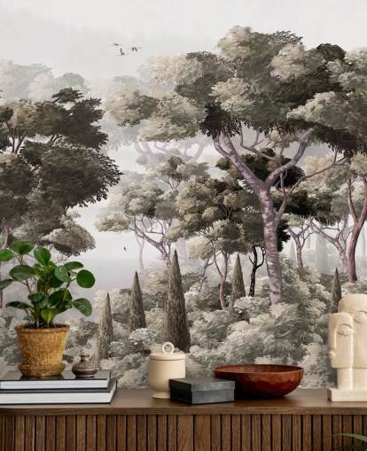 Graues Waldtapeten-Wandbild namens Vintage Forest Landscape Grey in Wallsauce für Schlafzimmer, Küchen und Büros