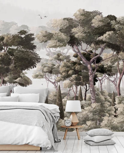 mural de papel de parede de floresta cinza chamado Vintage Forest Landscape Grey at Wallsauce para quartos, cozinhas e escritórios