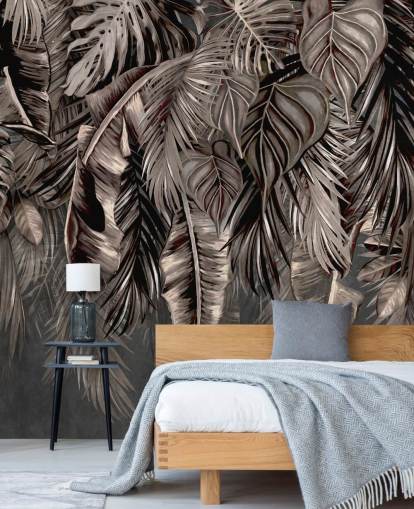 behangmuurschildering met zwarte bladeren genaamd Hanging Tropical Palm Trees Black at Wallsauce voor slaapkamers en keukens