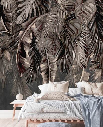 black leaf wallpaper mural called Hanging Tropical Palm Trees Black at Wallsauce for bedrooms and kitchens
