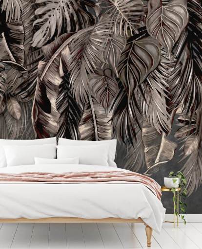 vægmaleri med sort blad kaldet Hanging Tropical Palm Trees Black på Wallsauce til soveværelser og køkkener