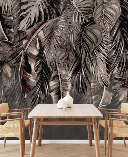 papier peint mural à feuilles noires appelé Hanging Tropical Palm Trees Black chez Wallsauce pour chambres et cuisines