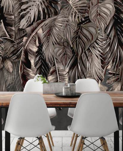 black leaf wallpaper mural called Hanging Tropical Palm Trees Black at Wallsauce for bedrooms and kitchens