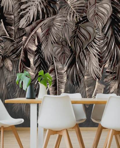 mural de papel pintado con hojas negras llamado Hanging Tropical Palm Trees Black at Wallsauce para dormitorios y cocinas