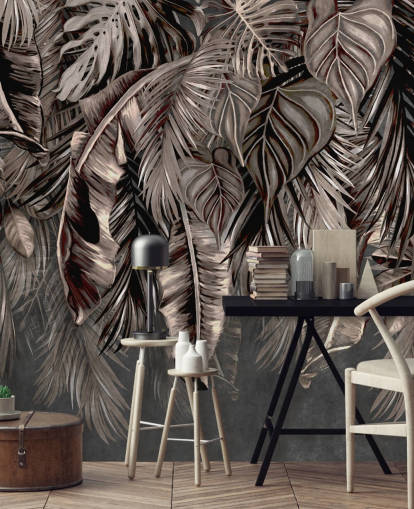 vægmaleri med sort blad kaldet Hanging Tropical Palm Trees Black på Wallsauce til soveværelser og køkkener vægmaleri med sort blad kaldet Hanging Tropical Palm Trees Black på Wallsauce til soveværelser og køkkener