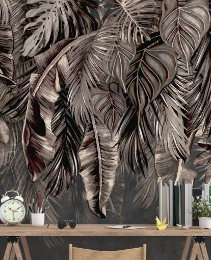 mustan lehden taustakuvamaalaus nimeltä Hanging Tropical Palm Trees Black Wallsaucessa makuuhuoneisiin ja keittiöihin